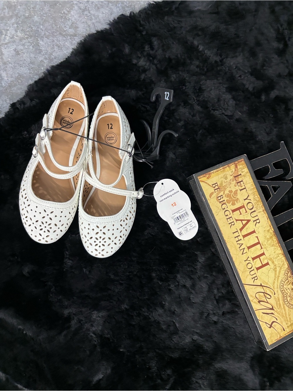 NWT wonder nation White Laser-Cut Mary Jane Flats Velcro Strap Easter Pumps 12